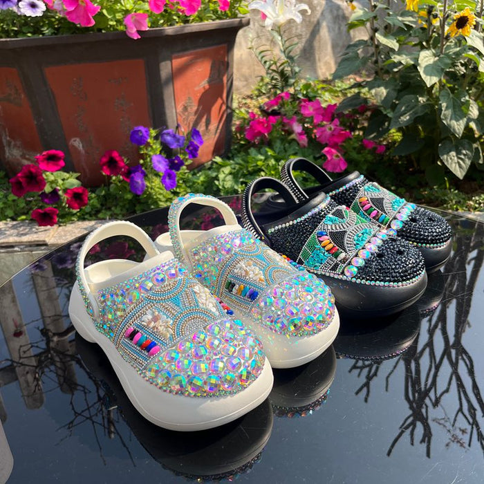 Womens Closed Toe Clog Shoes Rhinestone Beads Slip-On Flats Mules
