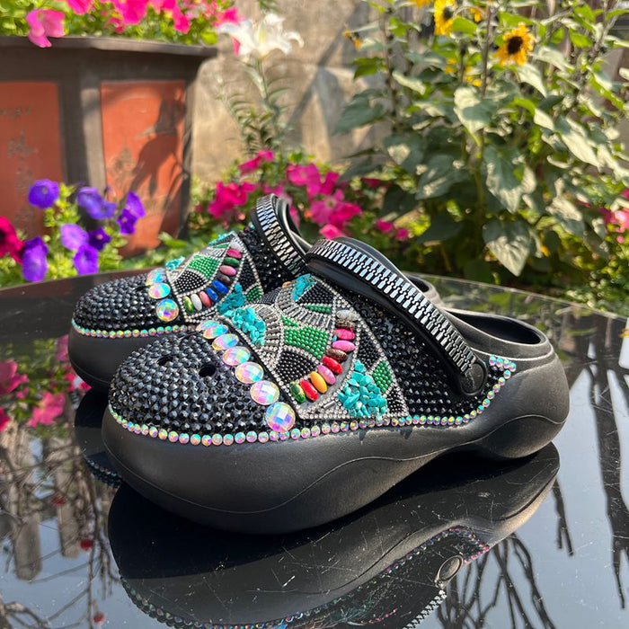 Womens Closed Toe Clog Shoes Rhinestone Beads Slip-On Flats Mules