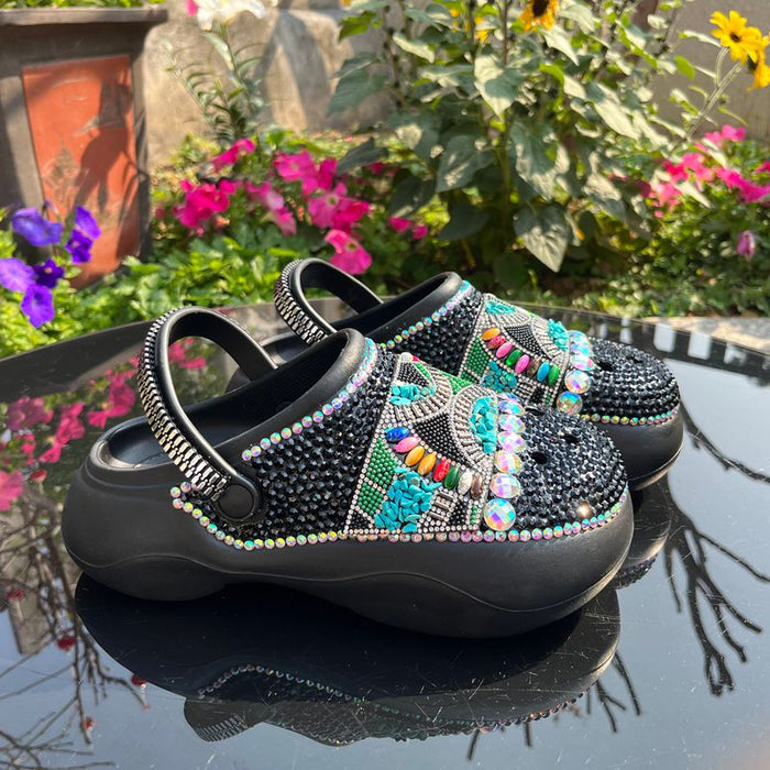 Womens Closed Toe Clog Shoes Rhinestone Beads Slip-On Flats Mules