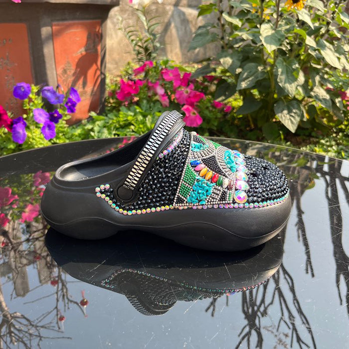 Womens Closed Toe Clog Shoes Rhinestone Beads Slip-On Flats Mules