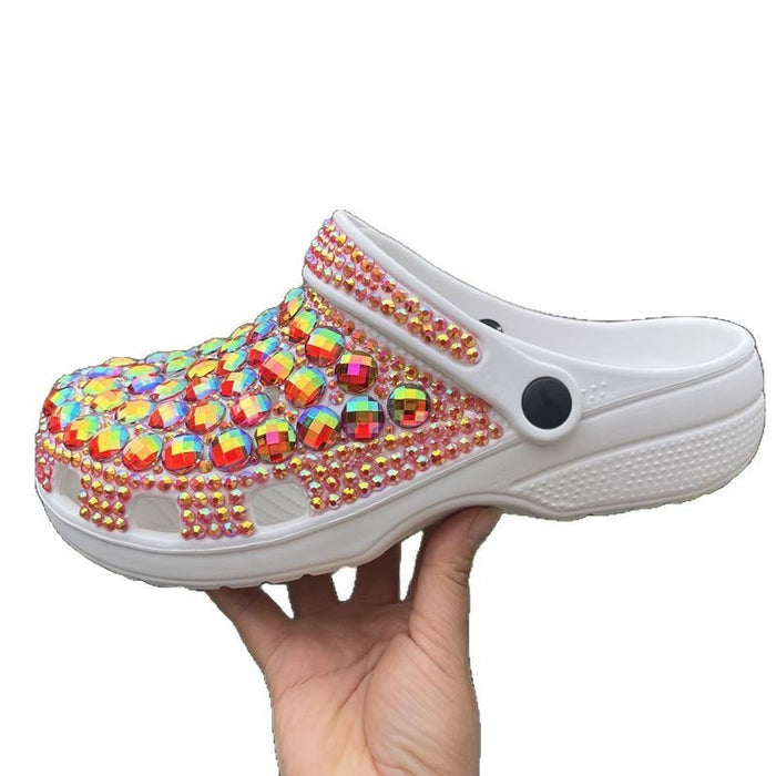 Womens Closed Toe Clog Shoes Rhinestone Beads Slip-On Flats Orange Mules