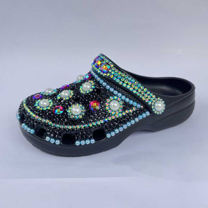 Womens Closed Toe Clog Shoes Rhinestone Sparkly Slip on Black Mules