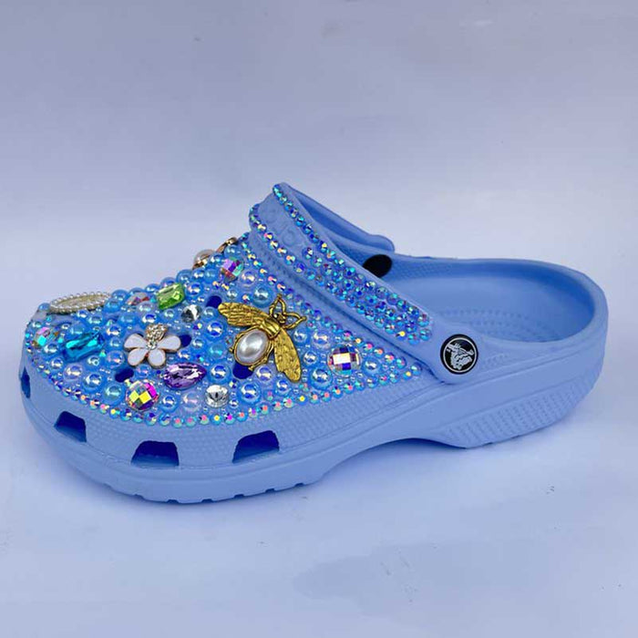 Womens Closed Toe Clog Shoes Rhinestone Sparkly Slip on Mules Blue
