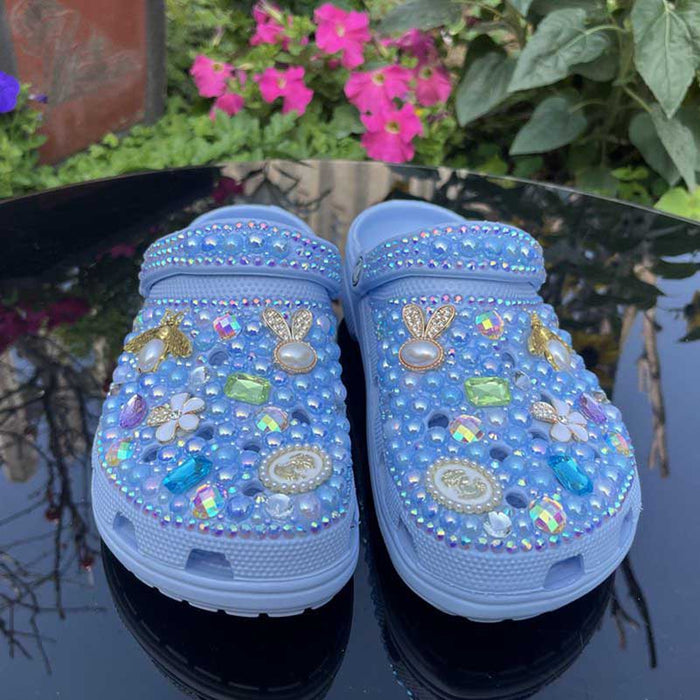 Womens Closed Toe Clog Shoes Rhinestone Sparkly Slip on Mules Blue