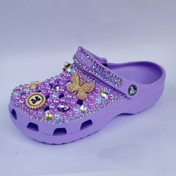 Womens Closed Toe Clog Shoes Rhinestone Sparkly Slip on Mules Lavender