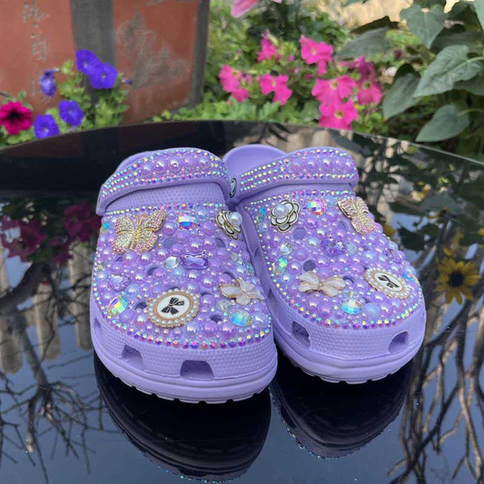 Womens Closed Toe Clog Shoes Rhinestone Sparkly Slip on Mules Lavender