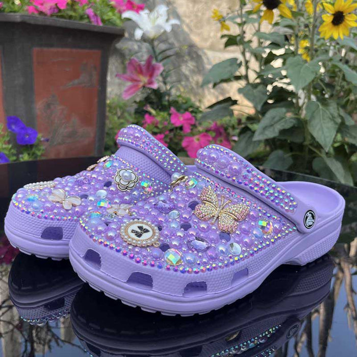 Womens Closed Toe Clog Shoes Rhinestone Sparkly Slip on Mules Lavender