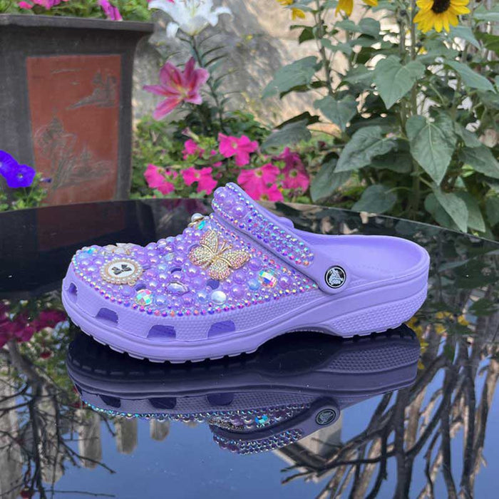 Womens Closed Toe Clog Shoes Rhinestone Sparkly Slip on Mules Lavender