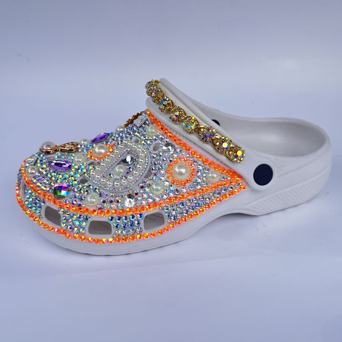 Womens Closed Toe Clog Shoes Rhinestone Sparkly Slip on Mules White