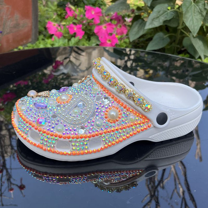 Womens Closed Toe Clog Shoes Rhinestone Sparkly Slip on Mules White
