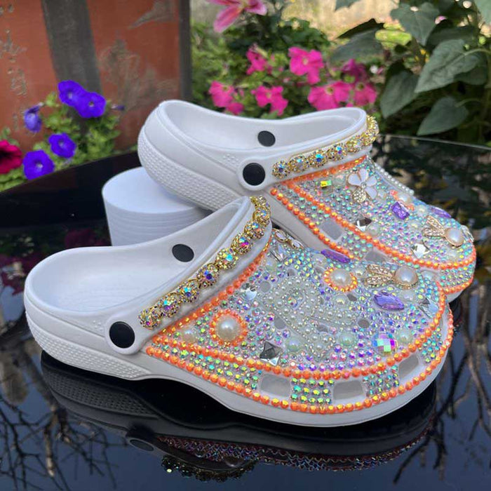 Womens Closed Toe Clog Shoes Rhinestone Sparkly Slip on Mules White