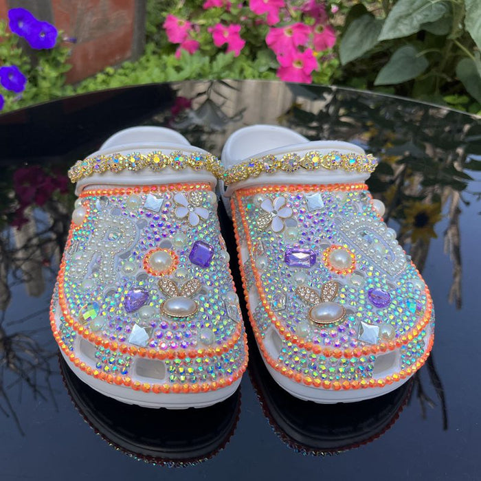 Womens Closed Toe Clog Shoes Rhinestone Sparkly Slip on Mules White