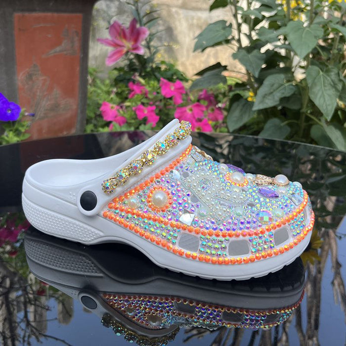 Womens Closed Toe Clog Shoes Rhinestone Sparkly Slip on Mules White
