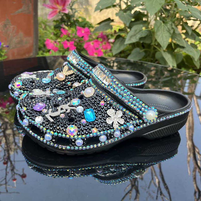 Womens Closed Toe Clog Shoes Rhinestone Sparkly Slip on Mules