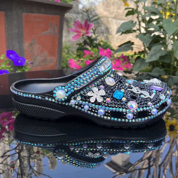 Womens Closed Toe Clog Shoes Rhinestone Sparkly Slip on Mules