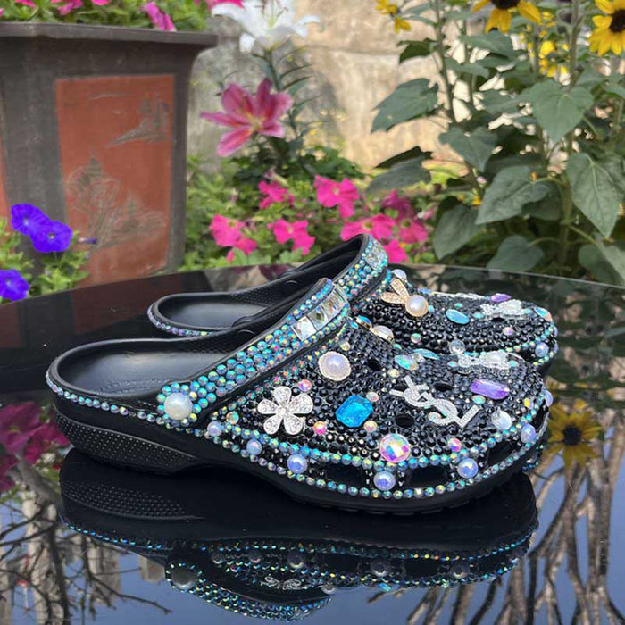 Womens Closed Toe Clog Shoes Rhinestone Sparkly Slip on Mules