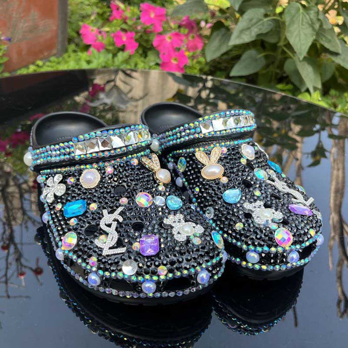 Womens Closed Toe Clog Shoes Rhinestone Sparkly Slip on Mules