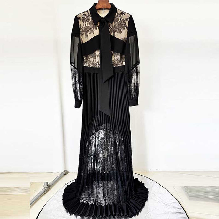Women's Collared Lace Pleated Long Dress in Black