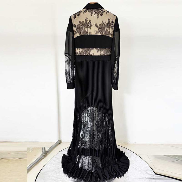 Women's Collared Lace Pleated Long Dress in Black
