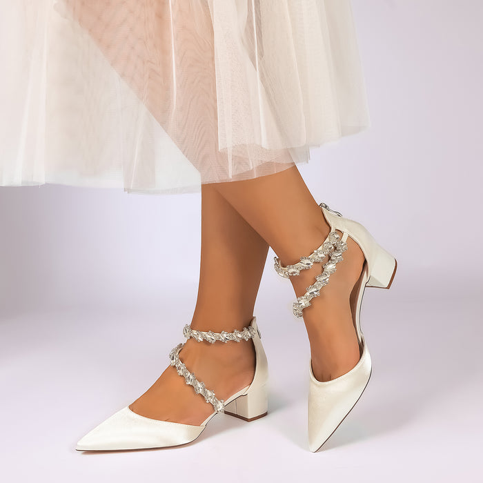 Women's Crossing Rhinestone Mid Heel Ankle Strap Shoes | Elegant Wedding & Prom Formal Sandals