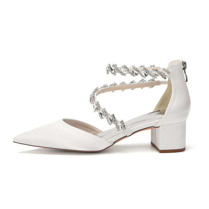 Women's Crossing Rhinestone Mid Heel Ankle Strap Shoes | Elegant Wedding & Prom Formal Sandals