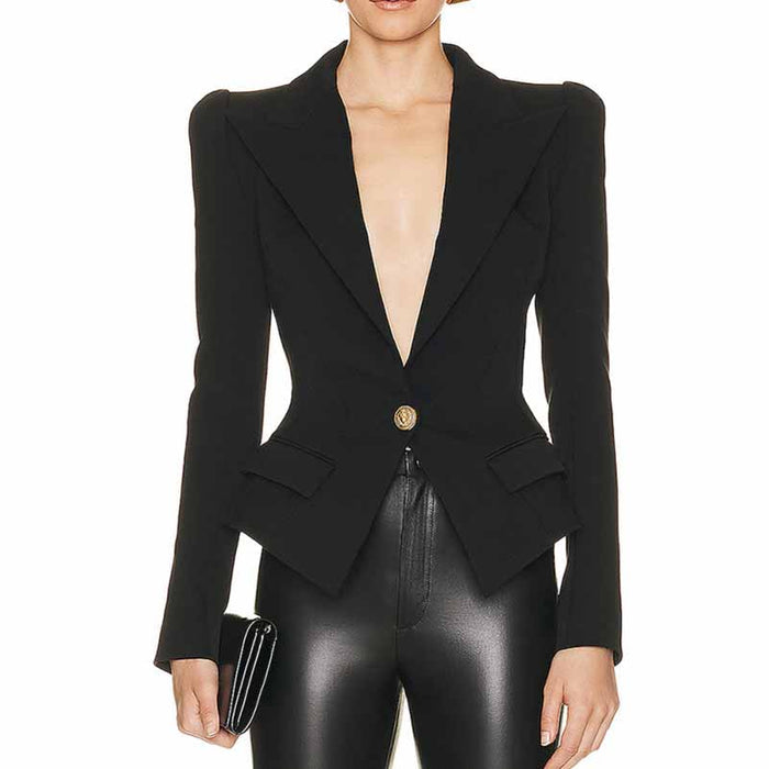 Women's Deep V Neck Fitted Style One Button Blazer Jacket Black Pink White