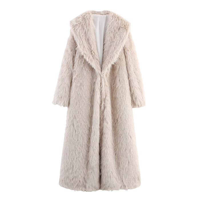 Women's faux fur winter coat long in beige with a stylish open front design and warm, cozy texture
