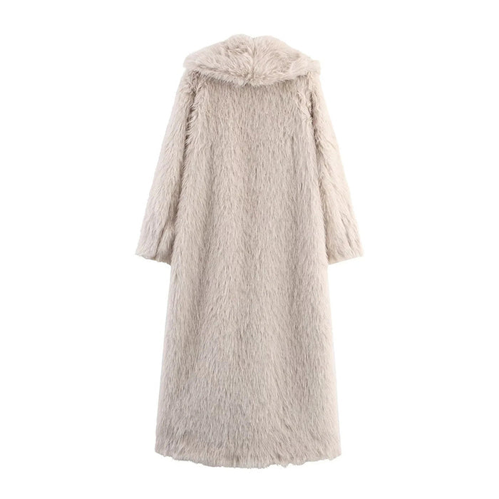 Women's faux fur winter coat long in beige with a warm hood and soft texture for chilly weather