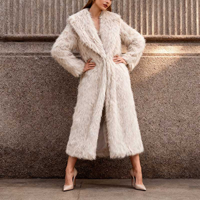 Stylish women's faux fur winter coat long with a chic collar perfect for cold weather fashion