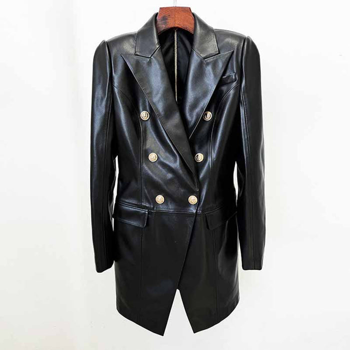 Women's Faux Leather Blazer Minidress Black Double Breasted Blazer Dress