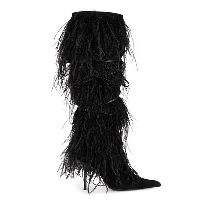 Women's Feather Detail Stiletto Heel Knee Length Boots