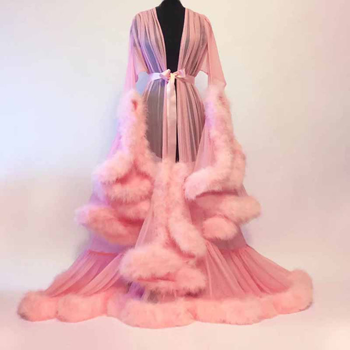 Womens Feather Tulle Robe Long Lingerie Maternity Dressing Gown Puffy Nightgown