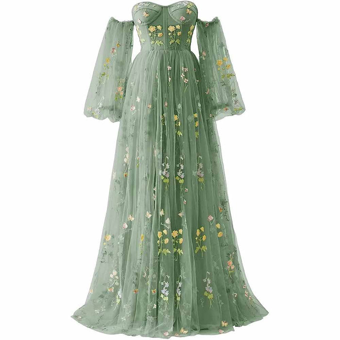 Womens Flower Embroidery Tulle Prom Dress Formal Evening Party Gowns