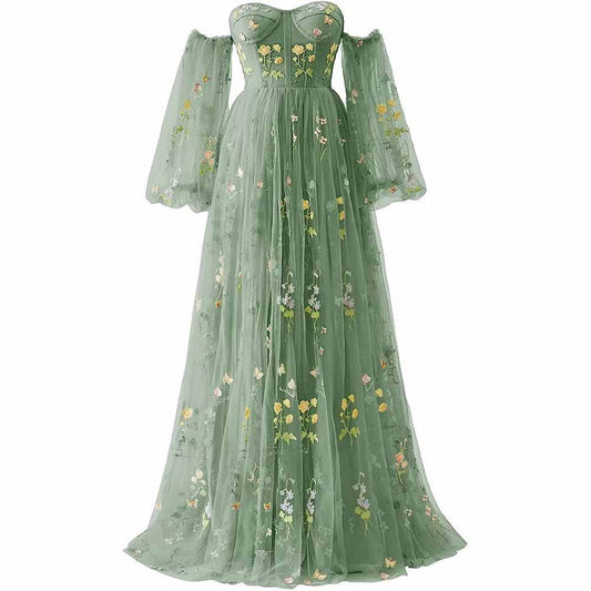 Womens Flower Embroidery Tulle Prom Dress Formal Evening Party Gowns