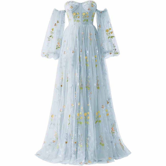 Womens Flower Embroidery Tulle Prom Dress Formal Evening Party Gowns
