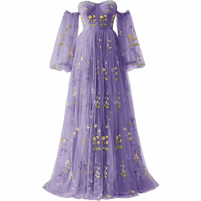 Womens Flower Embroidery Tulle Prom Dress Formal Evening Party Gowns