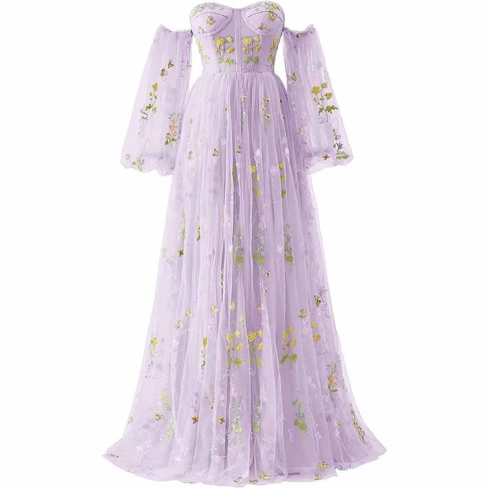 Womens Flower Embroidery Tulle Prom Dress Formal Evening Party Gowns