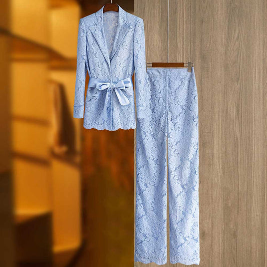 Elegant light blue women's formal lace pantsuit for wedding with stylish blazer and trousers