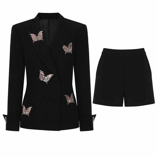SD Dresscode women's formal shorts set in black with butterfly embroidery on the blazer and matching shorts