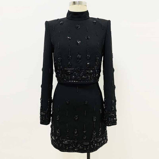 Women's Formal Skirt Suit Fitted Diamonds Pearls Decoration Short Crop Jacket + Mini Skirt Suit