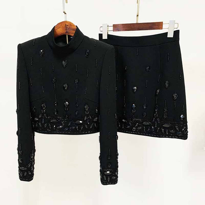 Women's Formal Skirt Suit Fitted Diamonds Pearls Decoration Short Crop Jacket + Mini Skirt Suit