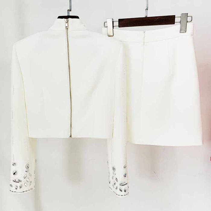 Women's Formal Skirt Suit Fitted Diamonds Pearls Decoration Short Crop Jacket + Mini Skirt Suit