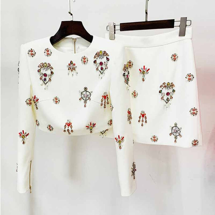 Women's Formal Skirt Suit Fitted nail bead diamond Short Crop Jacket + Mini Skirt Suit