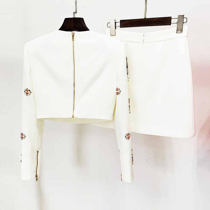 Women's Formal Skirt Suit Fitted nail bead diamond Short Crop Jacket + Mini Skirt Suit