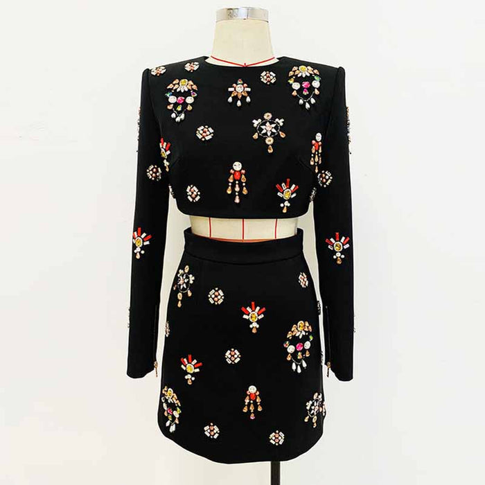 Women's Formal Skirt Suit Fitted nail bead diamond Short Crop Jacket + Mini Skirt Suit