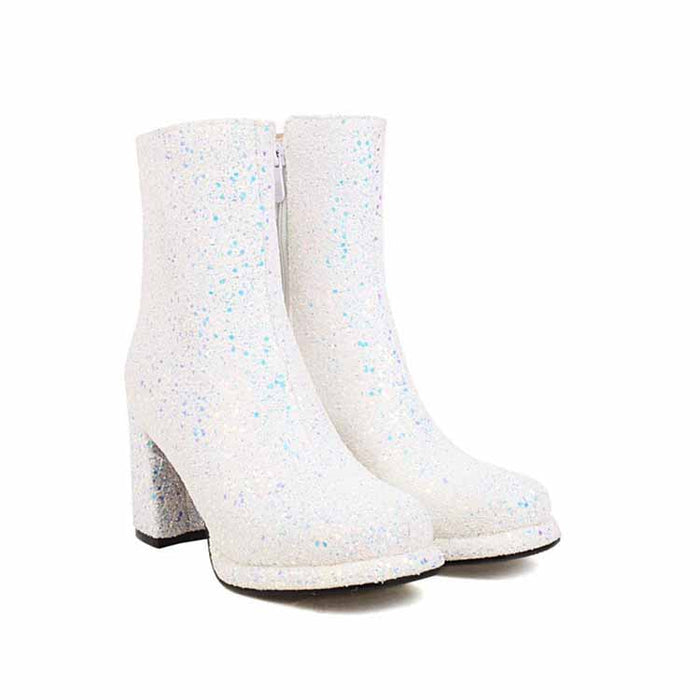 Chunky heel party boots for women in white with glittery finish for stylish nightouts
