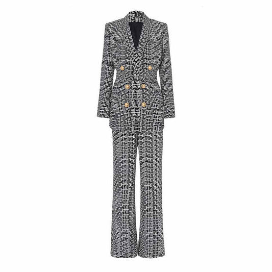 Women's Golden Buttons Abstract Pattern Fitted Pantsuit With Belt
