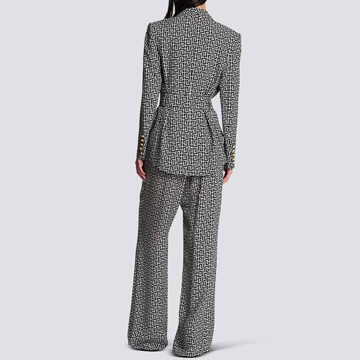 Women's Golden Buttons Abstract Pattern Fitted Pantsuit With Belt