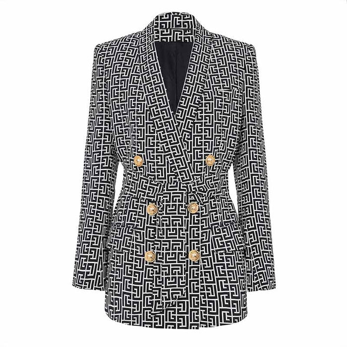 Women's Golden Buttons Abstract Pattern Fitted Pantsuit With Belt