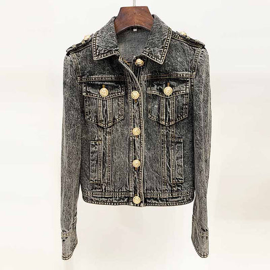 Women's Golden Buttons Fitted Denim Fitted Jacket Black Activewear Coat
